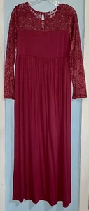 Maace Maternity Maxi Long Dress Wine/Burgundy w Long Lace Sleeves Size Medium - Picture 1 of 11