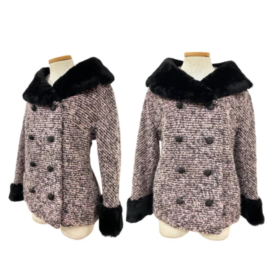Abrigo tejido Bouclé vintage años 60 en rosa y negro con ribete de piel sintética hecho en unión Foto 1 de 4