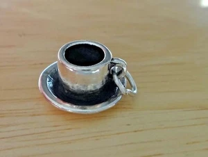 Sterling Silver 3D 15mm detailed Espresso Coffee Cup Saucer Charm - Picture 1 of 4