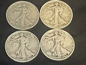 Lot of 4 Walking Liberty Half Dollars 1934, 1936, 1939, P's & 1939 D 90% Silver - Picture 1 of 6