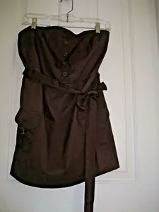 Womens M L Chocolate Brown STRAPLESS Mini DRESS Cotton Button Trim Tie Waist Sun - Picture 1 of 13