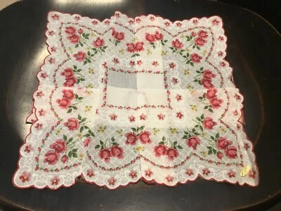 Pañuelo floral vintage rosas rojas y rosas bordes festoneados 13"x 13” #234A Foto 1 de 4