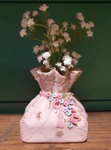 Vintage Cottage Core Farmhouse Almak Pretty in Pink Gold Applied Flowers Vase - Picture 1 of 16