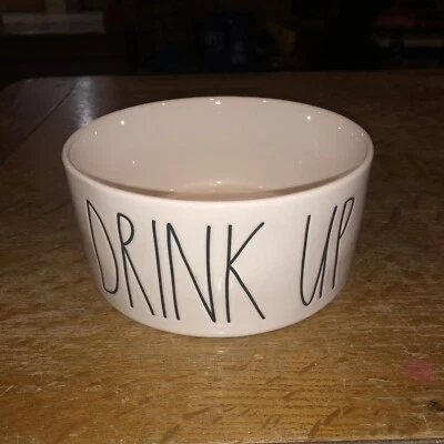 Rae Dunn Magenta Stem Print DRINK UP Dog Pet Bowl Ceramic White Black Letters 6” - Image 1 of 3