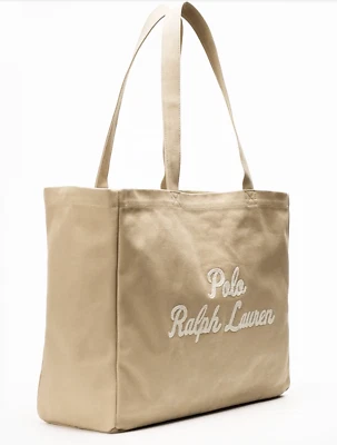 NWT Polo Ralph Lauren Tan Beige Cotton Chain Stitch Embroidered Canvas Tote Bag - Image 1 of 4