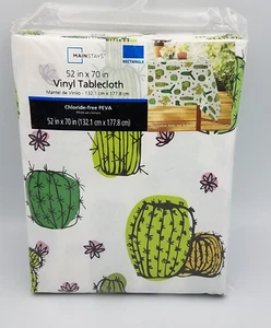 Mainstays Vinyl Tablecloth 52" x 70" NEW Cactus Themed White Green Reusable - Picture 1 of 2