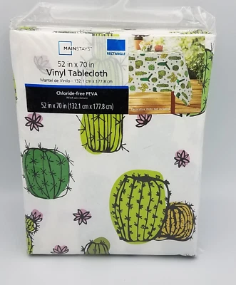Mainstays Vinyl Tablecloth 52" x 70" NEW Cactus Themed White Green Reusable - Image 1 of 2