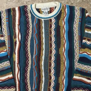 Vintage 3D Knit Sweater Mens XL Blue Colorful Textured Crewneck Alfani 90s - Picture 1 of 11
