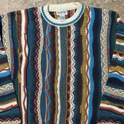 Vintage 3D Knit Sweater Mens XL Blue Colorful Textured Crewneck Alfani 90s - Image 1 of 4