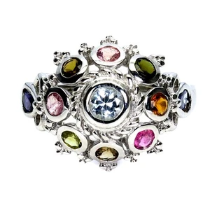 925 Sterling Silver Ring Round Aquamarine Tourmaline Gemstone Jewelry Size 9.5 - Picture 1 of 13