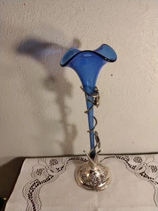 Vintage Cobalt Blue Glass Bud Vase With Silver Grape Vine Design 12.5 In Tall - Picture 1 of 6