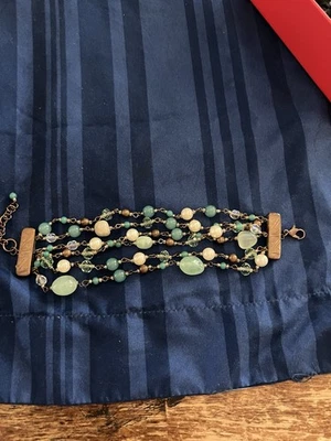 Pulsera Multi Hilo Imitación Perla Y Piedra Azul Acentos Latón Boho Hippie Cuentas Foto 1 de 4