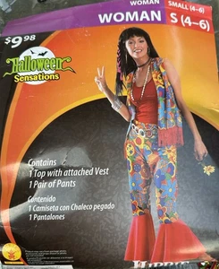 Rubies Hippie Halloween Costume Flare Pants Red Floral Fringe Vest Adult Sz Sm - Foto 1 di 3