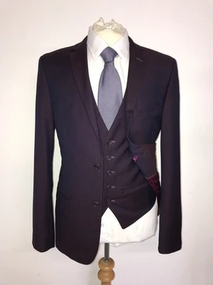 TED BAKER - Mens 3 Piece DARK PURPLE WOOL SUIT - 38 Reg - W32 L31 -GORGEOUS - Image 1 of 4