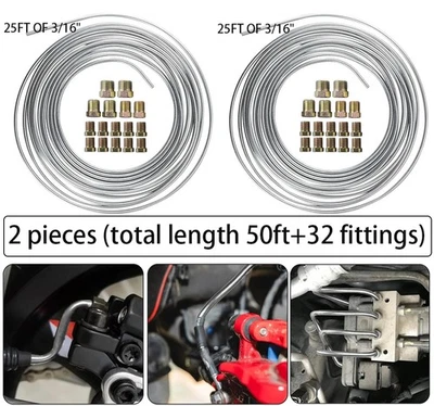 Kit de tubería de línea de freno de acero al zinc de 2 piezas rollo de bobina de 3/16 OD 25 pies + 32 accesorios de tuercas Foto 1 de 4