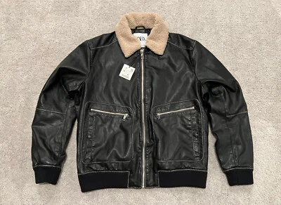 Chaqueta de motociclista de cuero sintético negra ZARA cuello de piel de oveja sintética negra para hombre talla XL Foto 1 de 4