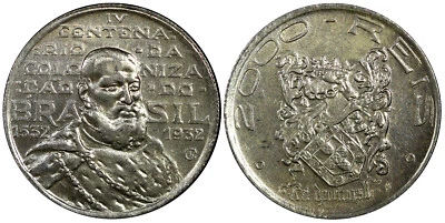 Brazil Silver 1932 2000 Reis 400th Anniversary of Colonization KM# 532 (212) - Image 1 of 3
