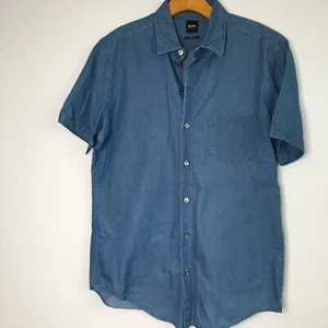 Hugo Boss Shirt Blue Large Mens Slim Fit Button Up Chambray Business Casual - Picture 1 of 10