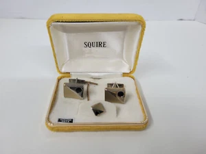 Vintage -- SQUIRE - Gold Tone & Black Onyx - Cufflinks & Tie Clip Bar Boxed Set. - Picture 1 of 4
