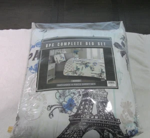 8pc King "Cherie" Comforter Set White-Blue-Black-Paris - Picture 1 of 6