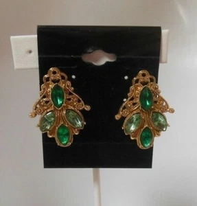 Victorian Gold Tone Green Rhinestone Earrings - Picture 1 of 1