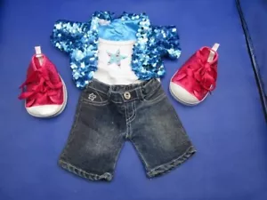 Build A Bear ~❤️~ blaues Pailletten Top, Designer Jeans und rosa Glitzer Schuhe #4 - Bild 1 von 3