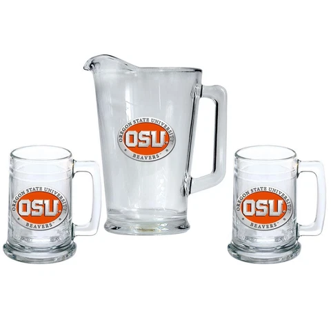 Oregon State Beavers Pitcher and 2 Stein Glass Set Beer Set Cover