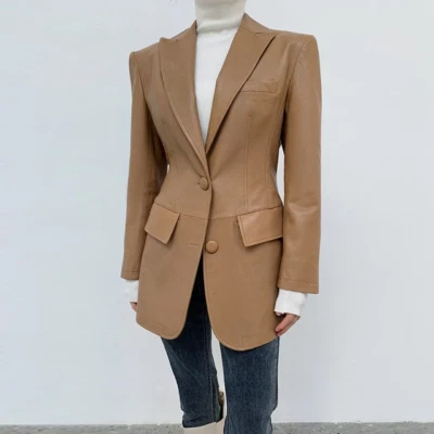 Womens Sheepskin Leather blazer Blazer Brown Oversized Long Button Jacket Size L - Image 1 of 4