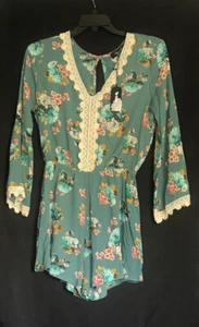 NWT NIMI K Romper SZ Large Teal Retails $225 Papillon Lace Trim Floral Made US - Picture 1 of 7