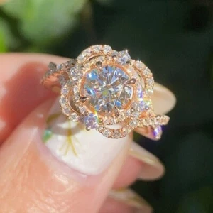 2Ct Round Lab Created Diamond Flower Halo Engagement Ring 14K Rose Gold Plated - Picture 1 of 5