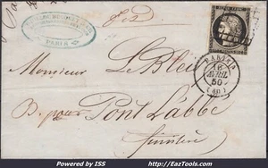 FRANCE CERES 20c N° 3 SUR LETTRE GRILLE + CAD TYPE 15 DE PARIS DU 16/04/1850 - Picture 1 of 2