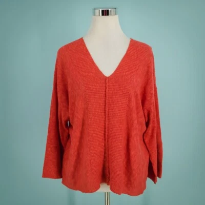 Habitat Size Small S Orange V Neck 3/4 Sleeve Boxy Artsy Linen Cotton Sweater - Image 1 of 4