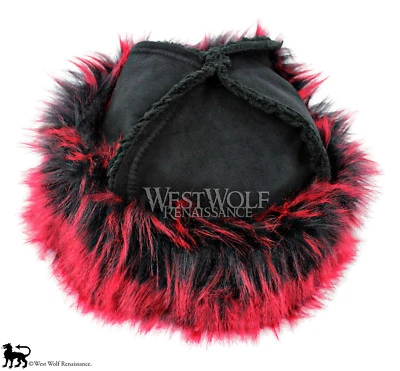 Red and Black Fox Fur-Trimmed Viking Hat - Faux Fur and Black Suede -- Norse/Cap - Image 1 of 4
