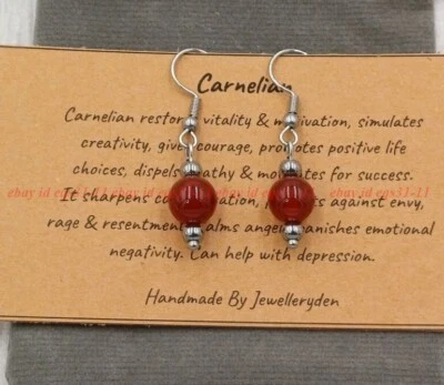 Pendientes de gancho de cuentas de chakra de piedras preciosas curativas de cristal de cornalina roja hechos a mano de 8 mm Foto 1 de 2