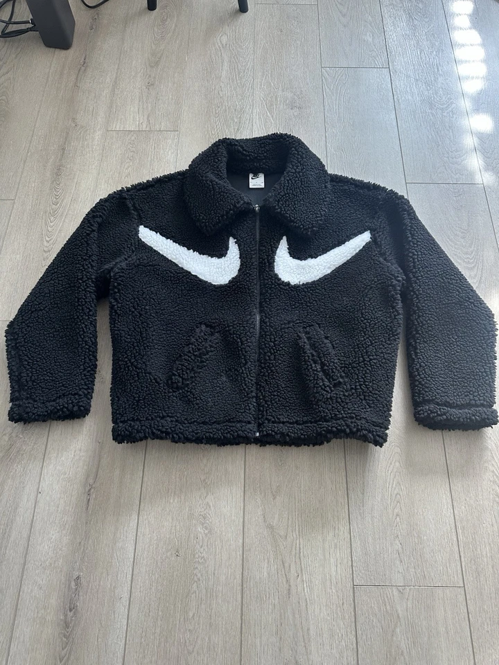 Nike Negro Piel Polar Cremallera Chaqueta con Swoosh Blanco Hombre Talla S Foto 1 de 4