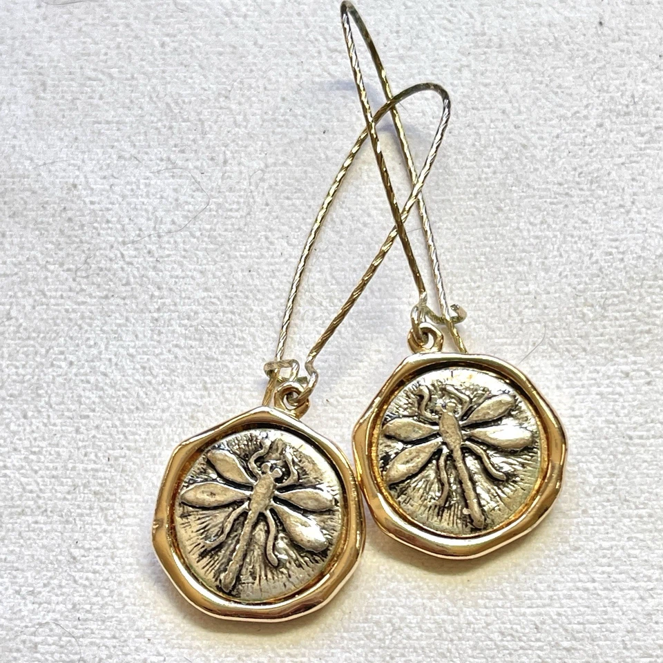 Dragonfly Long Dangle Gold & Silver Tone Earrings Crystal Accents - Image 1 of 3