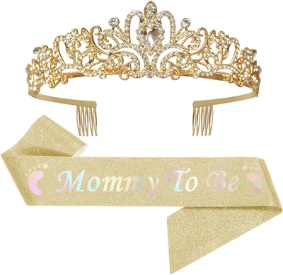 Decoraciones Baby Shower, Juego de Corona y Faja Future Mom para Niños y Niñas (Dorado) Foto 1 de 4