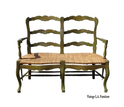 Vintage French Country Green Ladderback Rush Settee Bench - Image 1 of 4