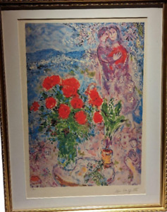 Marc Chagall Lithograph Print "Red Bouquet With Love" 35.6 x27.4in Signed Framed