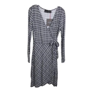 Cynthia Rowley Wrap Dress Womens M Preppy Navy White Geo Long Sleeve V-Neck NWT - Picture 1 of 13