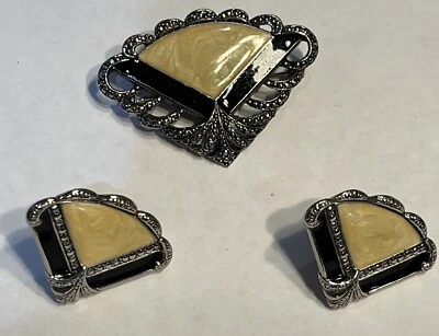 Broche y pendiente vintage Avon estilo esmalte negro y tostado imitación marcasita en forma de abanico Foto 1 de 4