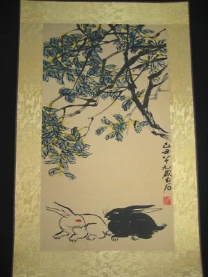 中国旧古董绘画卷轴关于米纸上的兔子 Qi Baishi 著 — 第 1/4 张图片
