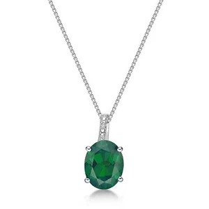 2.25 Ct Oval Green Emerald and Diamond Sterling Silver Pendant 18" Chain - Picture 1 of 8
