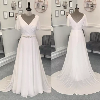 Chiffon A Line Wedding Dresses Short Sleeves V Neck Bridal Gowns Sweep Train - Image 1 of 4