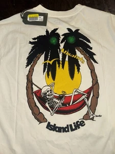 Men’s Allsaints Graphic Recline SS Crew T Shirt Skull Logo Island Life SMALL NEW - Picture 1 of 4