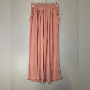 Pink Lily Linen Blend Wide Leg Cropped Palazzo Pants with Fringe hem Size Small - Picture 1 of 7