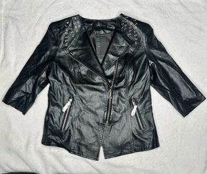 Girls Jacket Black Faux Leather Biker Moto Zip With Pockets 3/4 Sleeve Size L - Picture 1 of 16