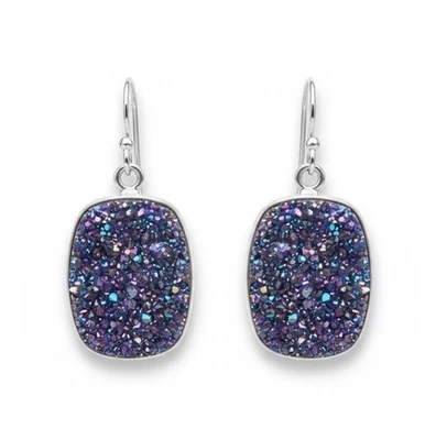 Pendientes colgantes de cuarzo Druzy azul brillante gris plateado corte cojín Foto 1 de 4