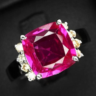 Anillos de oro blanco de plata de ley 925 de turmalina rubelita rosa radiante de 3,40 quilates Foto 1 de 4