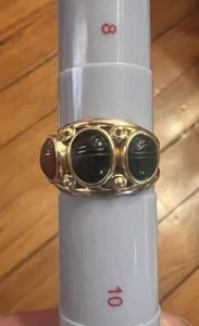 14k Yellow Gold Estate Scarab Three Stone Red Green Black Ring Size 9 4.10 Grams - Picture 1 of 12